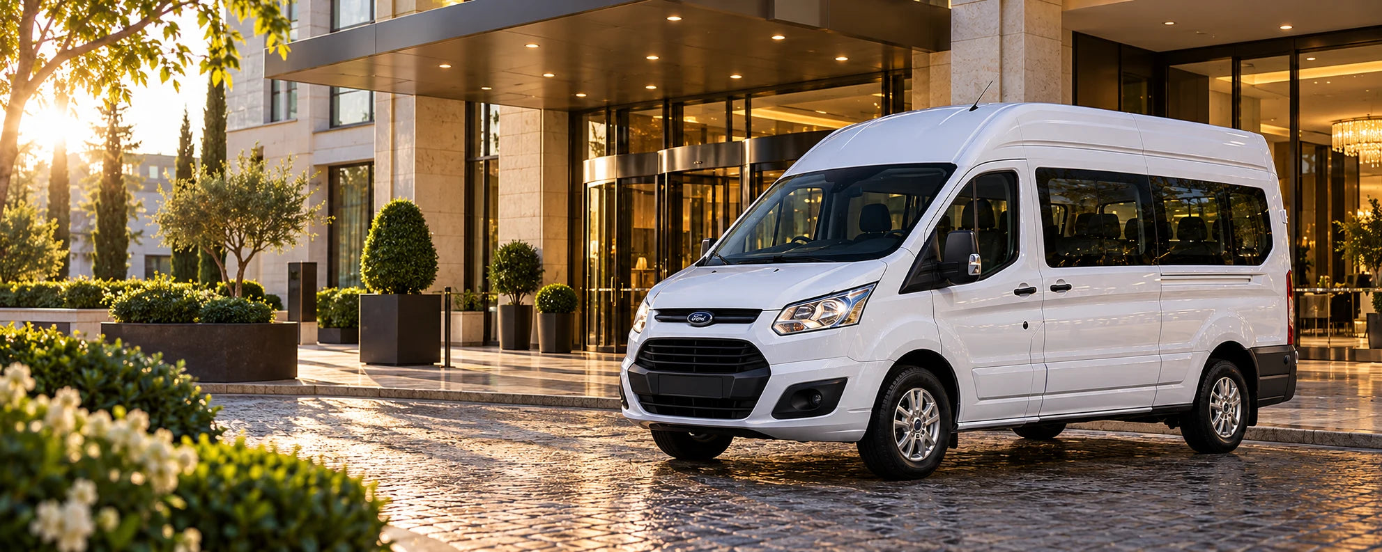 KI-Illustration eines weißen Ford Transit Custom der ersten Generation mit erhöhtem Dach vor einem Hotel